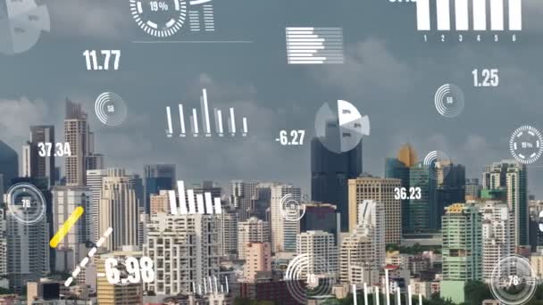 Bedrijfsgegevens Analytische Interface Vliegen Slimme Stad Tonen Verandering Toekomst Van — Stockvideo