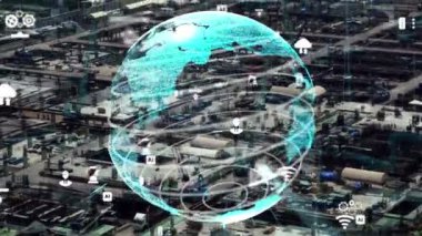 Otomasyon konseptini ve uzaktan kablosuz makine kontrolünü gösteren bir bilgisayar yazılımında fütüristik HUD kullanarak inşaat teknolojisi konsepti üzerinde değişiklik grafiği içeren konsept .