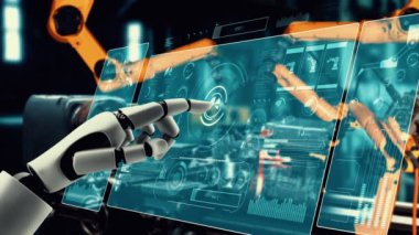 Cybernated industry robot and robotic arms for assembly in factory production . Concept of artificial intelligence for industrial revolution and automation manufacturing process .