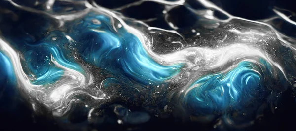 Spectacular abstract image of blue and silver liquid ink churning together, with a realistic texture, gaudy and great quality. Digital art 3D illustration.