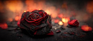 Heartbroken concept by half burnt rose leaving some into black ashes and embers. Digital art 3D illustration.