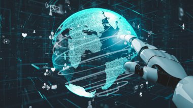 Gelecekçi robot yapay zeka devrimci yapay zeka teknoloji geliştirme ve makine öğrenme kavramı. İnsan hayatının geleceği için küresel robot biyonik bilim araştırması. 3B görüntüleme grafiği.