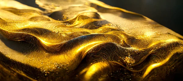 Spectacular abstract glistening golden solid liquid waves like liquid gold or solid yellow water. Digital 3D illustration.