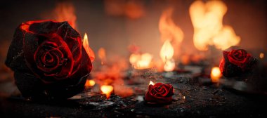 Heartbroken concept by half burnt rose leaving some into black ashes and embers. Digital art 3D illustration.