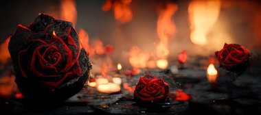 Heartbroken concept by half burnt rose leaving some into black ashes and embers. Digital art 3D illustration.