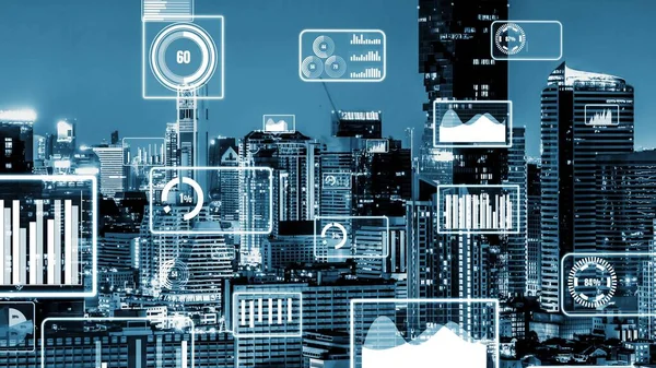 Interfejs Analityczny Danych Biznesowych Przelatuje Nad Smart City Pokazując Zmieniającą — Zdjęcie stockowe