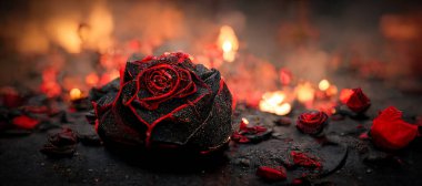 Heartbroken concept by half burnt rose leaving some into black ashes and embers. Digital art 3D illustration.