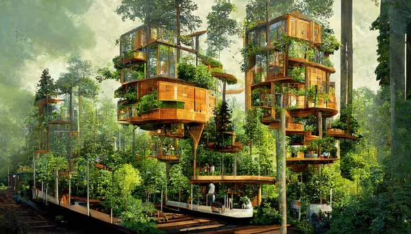 Spectacular image of a sustainable tree house surrounded by greenery in the woods for ESG concept. Eco-friendly house with modern design and solar panel on a tree. Digital art 3D illustration.