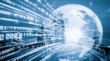 Çevrimiçi trafik kontrol sistemi olan sessiz ve fütürist bir şehirde akıllı ulaşım. Yeni bilgi çağındaki küresel eğilimleri değiştiren akıllı dijital dönüşüm ve teknoloji bozulması kavramı .