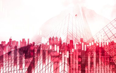 Stock market crash, declined economic, graph falling down and digital indicators overlaps modernistic city. Double exposure.