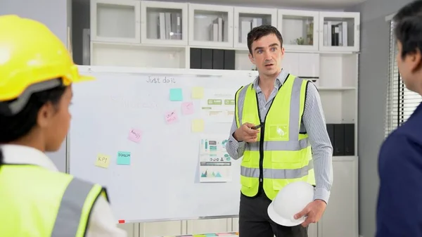 A team of investor and competent engineers brainstorming on the whiteboard to find new ideas and making plans. The idea of a team gather ideas together.