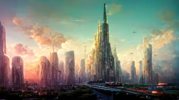 High-rise buildings, flying vehicles, and lush vegetation all coexist in futuristic fantasy cityscape. Spectacular digital art 3D illustration. Acrylic painting.