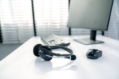 Essential equipment concept for competent online operators, call service agents, or online working. Customer service equipment, as well as helpdesk tools.