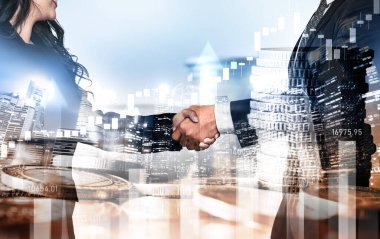 Ekonomik refah ve para teknolojisinin varlık geçmişi üzerine iş tokalaşması. Değerli borsaya yatırım yaparak ekonomik ve finansal büyüme ile refah kar birimi ticareti elde edilir