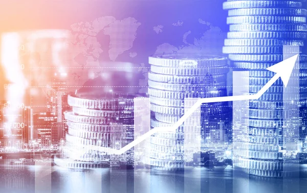 Finans ve para teknolojisi iş refahı ve varlık yönetimi kavramı. Yaratıcı grafik, refah karı elde etmek için değerli varlıklara yatırım yaparak ekonomi ve mali büyümeyi gösteriyor .