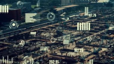 Otomasyon konseptini ve uzaktan kablosuz makine kontrolünü gösteren bir bilgisayar yazılımında fütüristik HUD kullanarak inşaat teknolojisi konsepti üzerinde değişiklik grafiği içeren konsept .