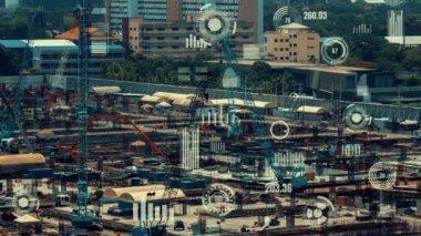 Otomasyon konseptini ve uzaktan kablosuz makine kontrolünü gösteren bir bilgisayar yazılımında fütüristik HUD kullanarak inşaat teknolojisi konsepti üzerinde değişiklik grafiği içeren konsept .