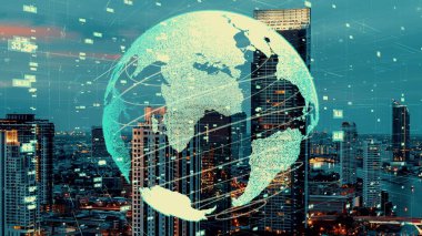 Akıllı şehirde küresel bağlantı ve internet ağı değişikliği. Gelecekteki kablosuz dijital bağlantı ve sosyal medya ağı kavramı .