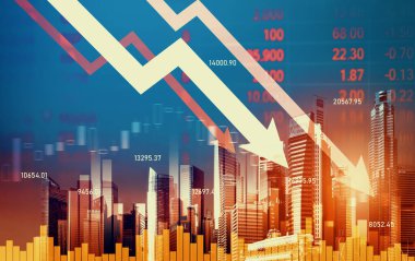 Economic crisis concept shown by declining graphs and digital indicators overlap modernistic city background. Double exposure.