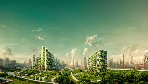 Spectacular eco-futuristic cityscape full with greenery, skyscrapers, parks, and other manmade green spaces in urban area. Green garden in modern city. Digital art 3D illustration.