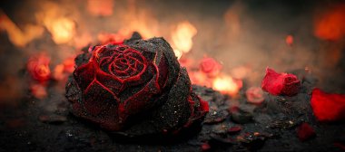 Heartbroken concept by half burnt rose leaving some into black ashes and embers. Digital art 3D illustration.