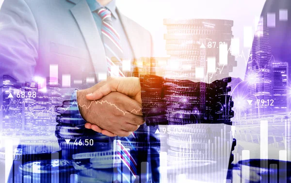 Business Handshake Financiële Welvaart Geld Technologie Activa Achtergrond Economie Financiële — Stockfoto