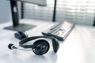 Essential equipment concept for competent online operators, call service agents, or online working. Customer service equipment, as well as helpdesk tools.