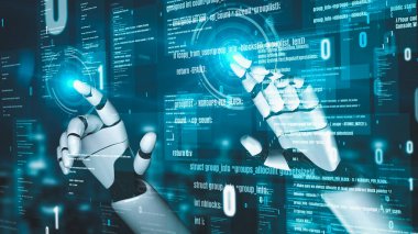 Gelecekçi robot yapay zeka yapay zeka yapay zekayı aydınlatıyor ve makine öğrenme kavramını geliştiriyor. İnsan hayatının geleceği için küresel robot biyonik bilim araştırması. 3B görüntüleme grafiği.