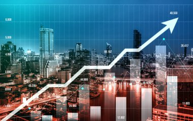 Financial graphs and digital indicators overlap with modernistic urban area, skyscrabber for stock market business concept. Double exposure.