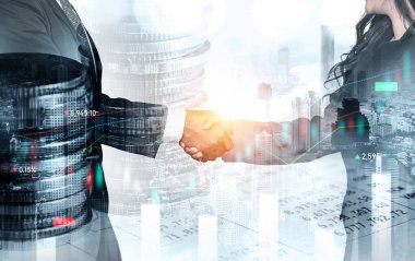 Ekonomik refah ve para teknolojisinin varlık geçmişi üzerine iş tokalaşması. Değerli borsaya yatırım yaparak ekonomik ve finansal büyüme ile refah kar birimi ticareti elde edilir