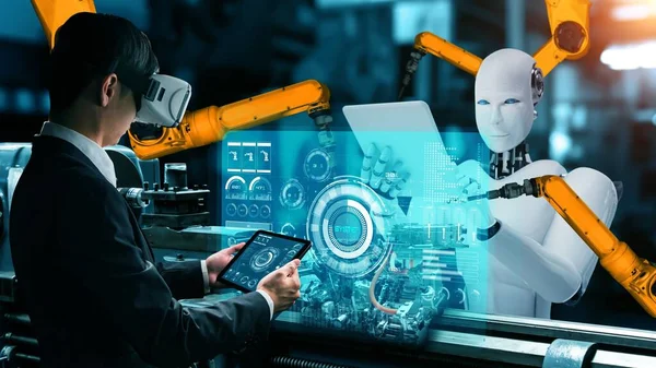 Cybernated industry robot and human worker working together in future factory . Concept of artificial intelligence for industrial revolution and automation manufacturing process .