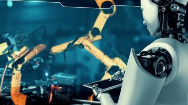 Cybernated industry robot and robotic arms for assembly in factory production . Concept of artificial intelligence for industrial revolution and automation manufacturing process .
