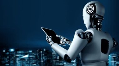 Future financial technology controll by AI robot huminoid uses machine learning and artificial intelligence to analyze business data and give advice on investment and trading decision . 3D rendering .