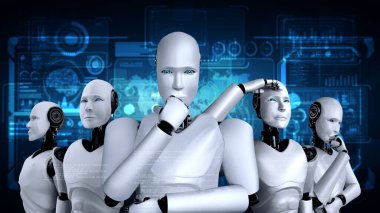 3D rendering of robot hominoid group in concept of future artificial intelligence and 4th fourth industrial revolution .