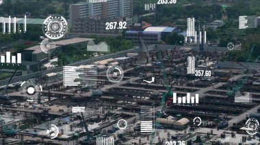 Otomasyon konseptini ve uzaktan kablosuz makine kontrolünü gösteren bir bilgisayar yazılımında fütüristik HUD kullanarak inşaat teknolojisi konsepti üzerinde değişiklik grafiği içeren konsept .