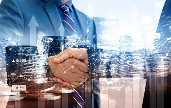 Business Handshake Financiële Welvaart Geld Technologie Activa Achtergrond Economie Financiële — Stockfoto