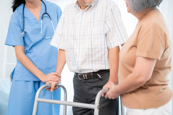 Contented Senior Man Walking Helped His Wife Caretaker Walking Aid — Stock Photo, Image