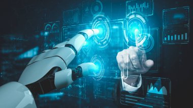 Gelecekçi robot yapay zeka yapay zeka yapay zekayı aydınlatıyor ve makine öğrenme kavramını geliştiriyor. İnsan hayatının geleceği için küresel robot biyonik bilim araştırması. 3B görüntüleme grafiği.