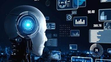 Future financial technology controll by AI robot huminoid uses machine learning and artificial intelligence to analyze business data and give advice on investment and trading decision . 3D rendering .