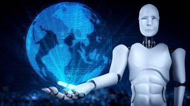 AI hominoid robot holding hologram screen shows concept of global communication network using artificial intelligence thinking by machine learning process. 3D rendering computer graphic.