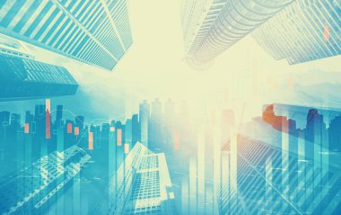 Financial graphs and digital indicators overlap with modernistic urban area, skyscrabber for stock market business concept. Double exposure.