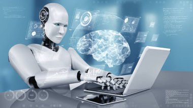 Robot hominoid use laptop and sit at table in concept of AI thinking brain , artificial intelligence and machine learning process for the 4th fourth industrial revolution . 3D rendering.