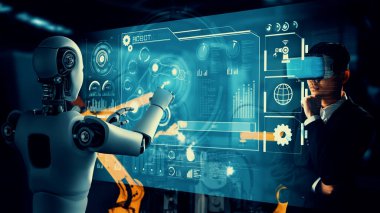 Cybernated industry robot and human worker working together in future factory . Concept of artificial intelligence for industrial revolution and automation manufacturing process .