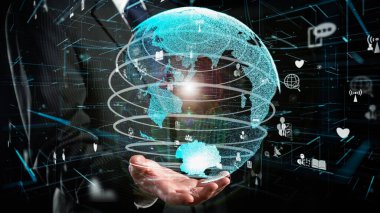 İş adamı küresel ağ iletişim imalı teknolojisinin hologramını gösterdi. Sanal artırılmış gerçeklik, geleceksel HUD oluşturmak için 3 boyutlu görüntüleme ve animasyon ile oluşturulmuştur. .