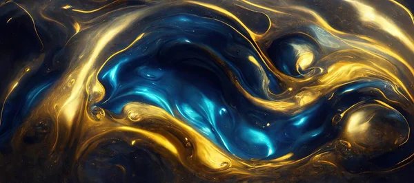 Spectacular image of blue and golden liquid ink churning together, with a realistic texture and great quality. Digital art 3D illustration.