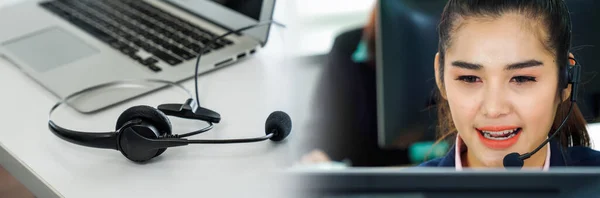 Business People Wearing Headset Working Office Widen View Support Remote — Stock Photo, Image