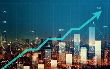 Stock market business concept. Financial graphs and digital indicators with modernistic urban area and skyscrapers as background. Double Exposure.