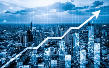 Stock market business concept. Financial graphs and digital indicators with modernistic urban area and skyscrapers as background. Double Exposure.