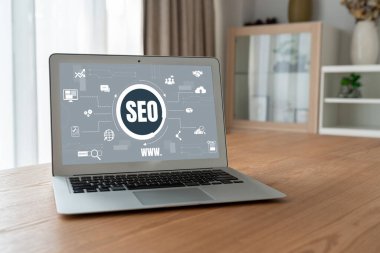 Model e-ticaret için SEO arama motoru optimizasyonu ve bilgisayar ekranında gösterilen çevrimiçi perakende işi