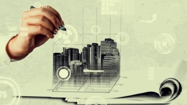 Şehir sivil planlama ve yaratıcı gayrimenkul geliştirme. Yaratıcı şehir binası tasarlamak için soyut şehir çizimine bakan mimar insanlar. Mimarlık hayali ve hırs konsepti.